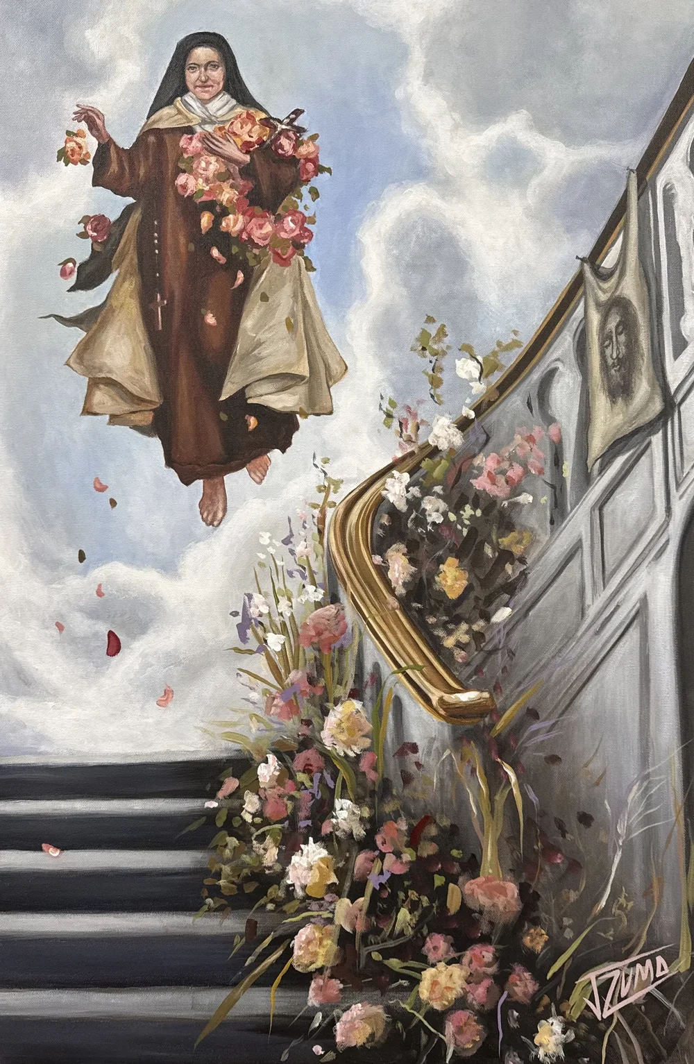 Painting of St. Thérèse of Lisieux floating above a dark staircase, scattering roses, with a cascade of flowers tumbling down the banister.